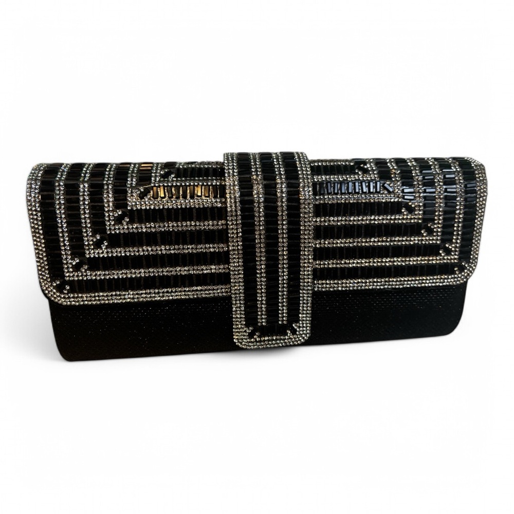 Clutch Purse Deco Miami new Black and silver crystal with chain (removab…